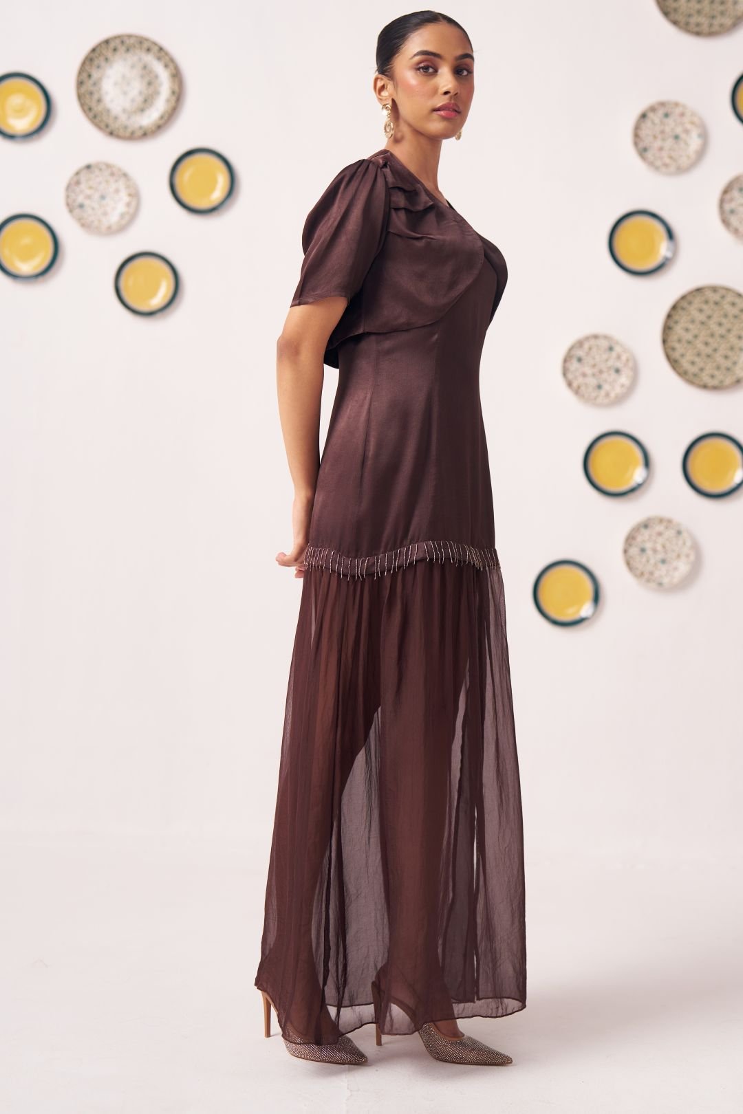 Zaya Chocolate Brown Layered Maxi Dress with Shrug - Western Era Dresses for women