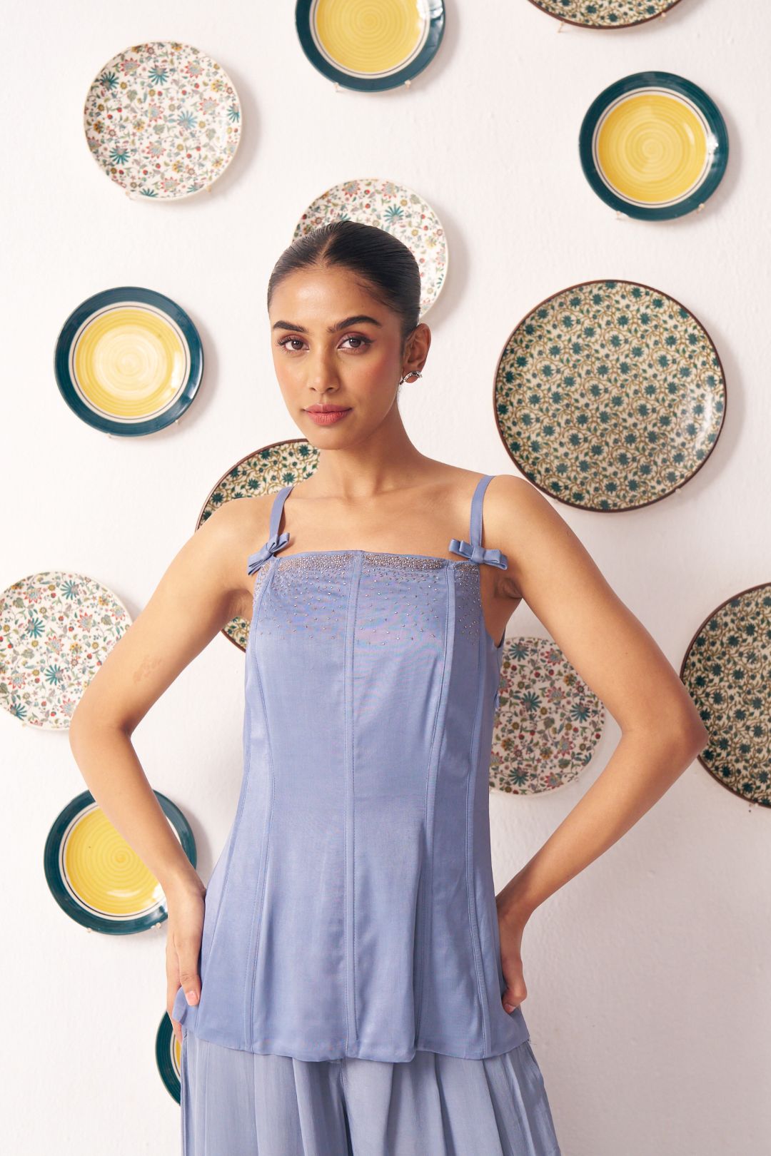 Zinia Slate Blue Embellished Strappy Top - Western Era Tops for women