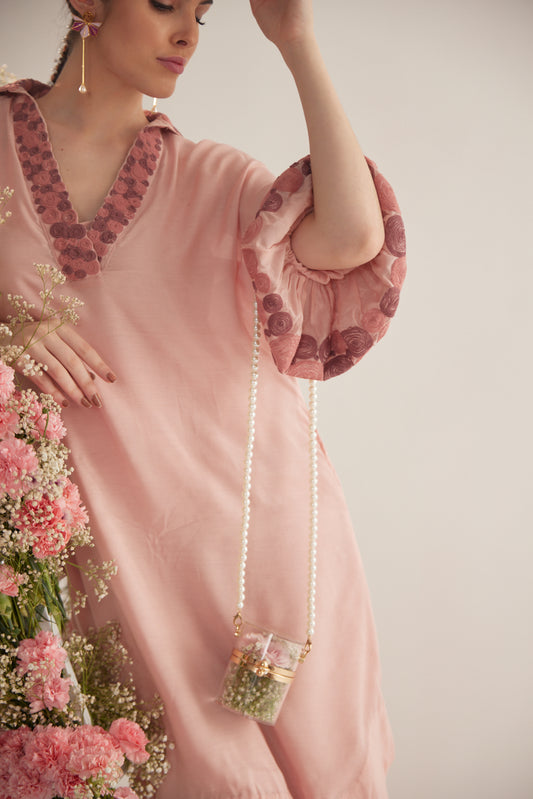 Peach Embroidered Balloon Sleeves and V-Neck Collar Long Dress With Spaghetti - Western Era  Dresses