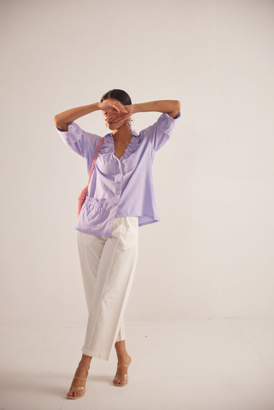 Purple Cotton shirt With Ruching on V-Neckline and Front Pocket - Western Era  Tops