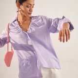 Purple Cotton shirt With Ruching on V-Neckline and Front Pocket - Western Era  Tops