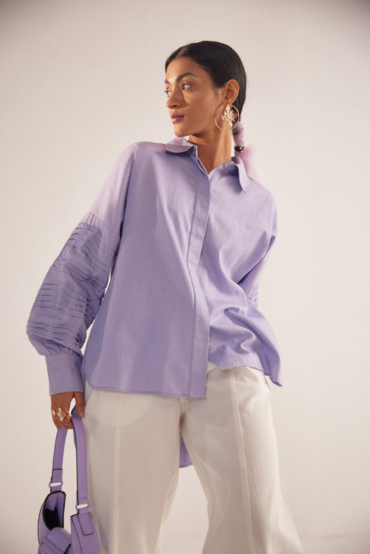 Purple Pleated sleeves Oversized Cotton Shirt - Western Era  Tops